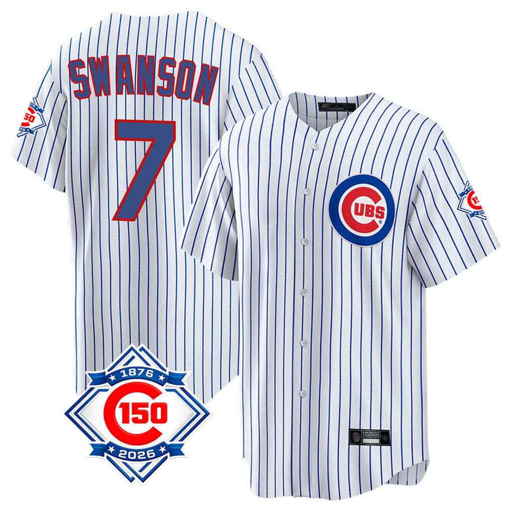 Punc C.Cubs #7 Dansby Swanson Player White 150th Anniversary Home Game Stitched Jerseys