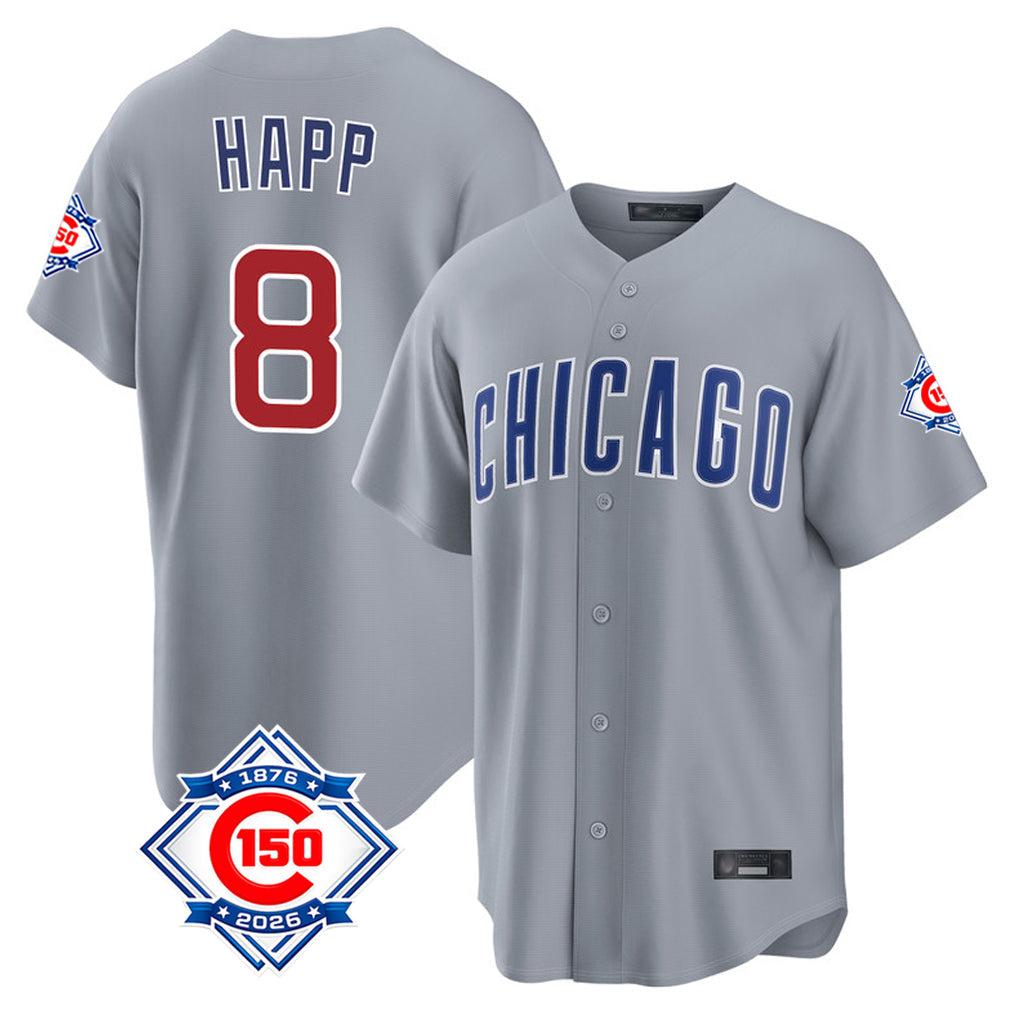 Punc C.Cubs #8 Ian Happ Player Gray 150th Anniversary Home Game Stitched Jerseys