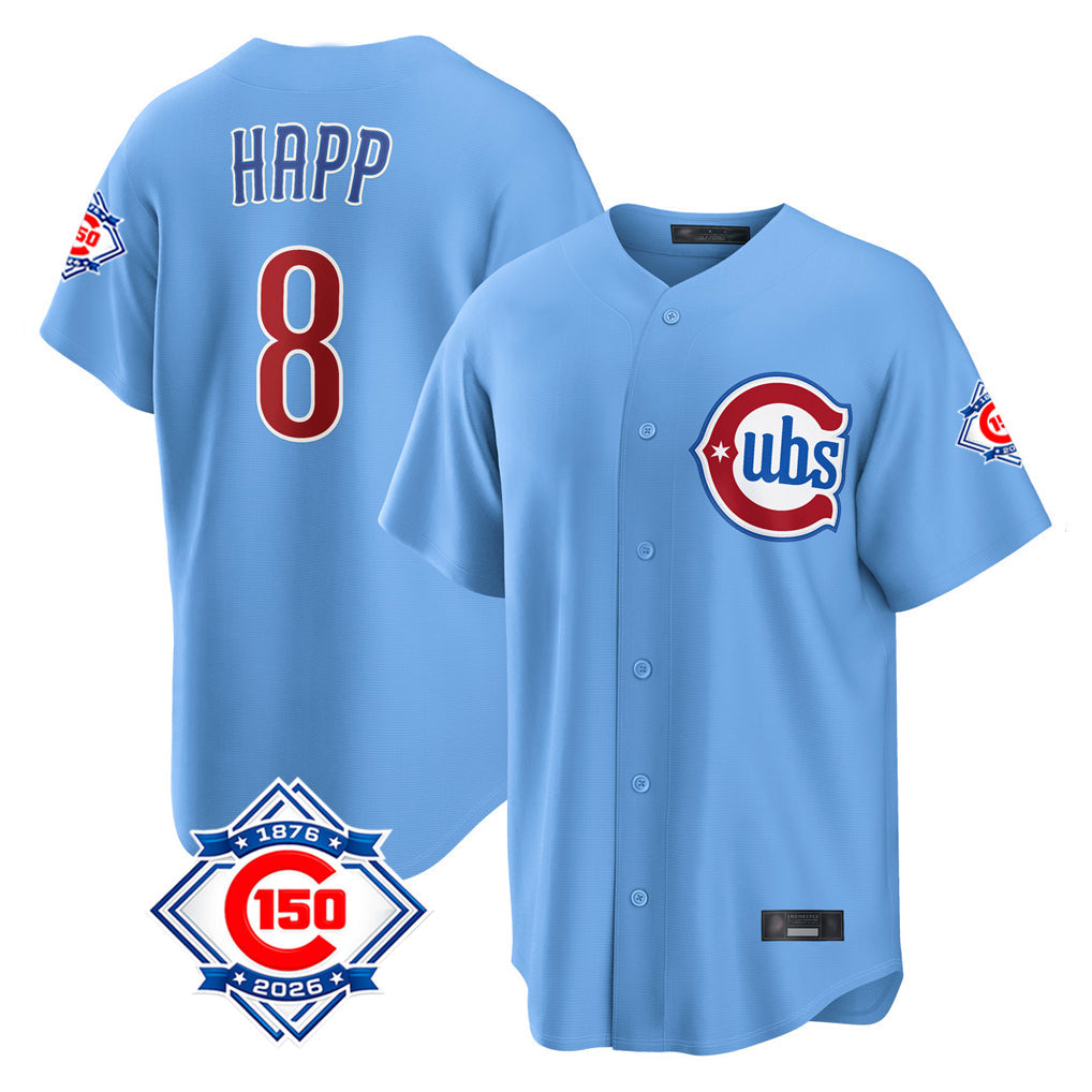 Punc C.Cubs #8 Ian Happ Player Light Blue 150th Anniversary Home Game Stitched Jerseys