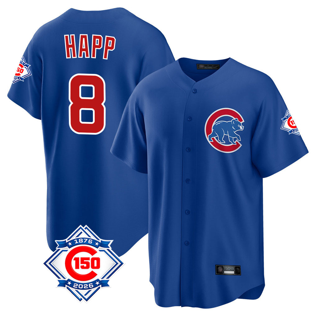 Punc C.Cubs #8 Ian Happ Player Royal 150th Anniversary Home Game Stitched Jerseys