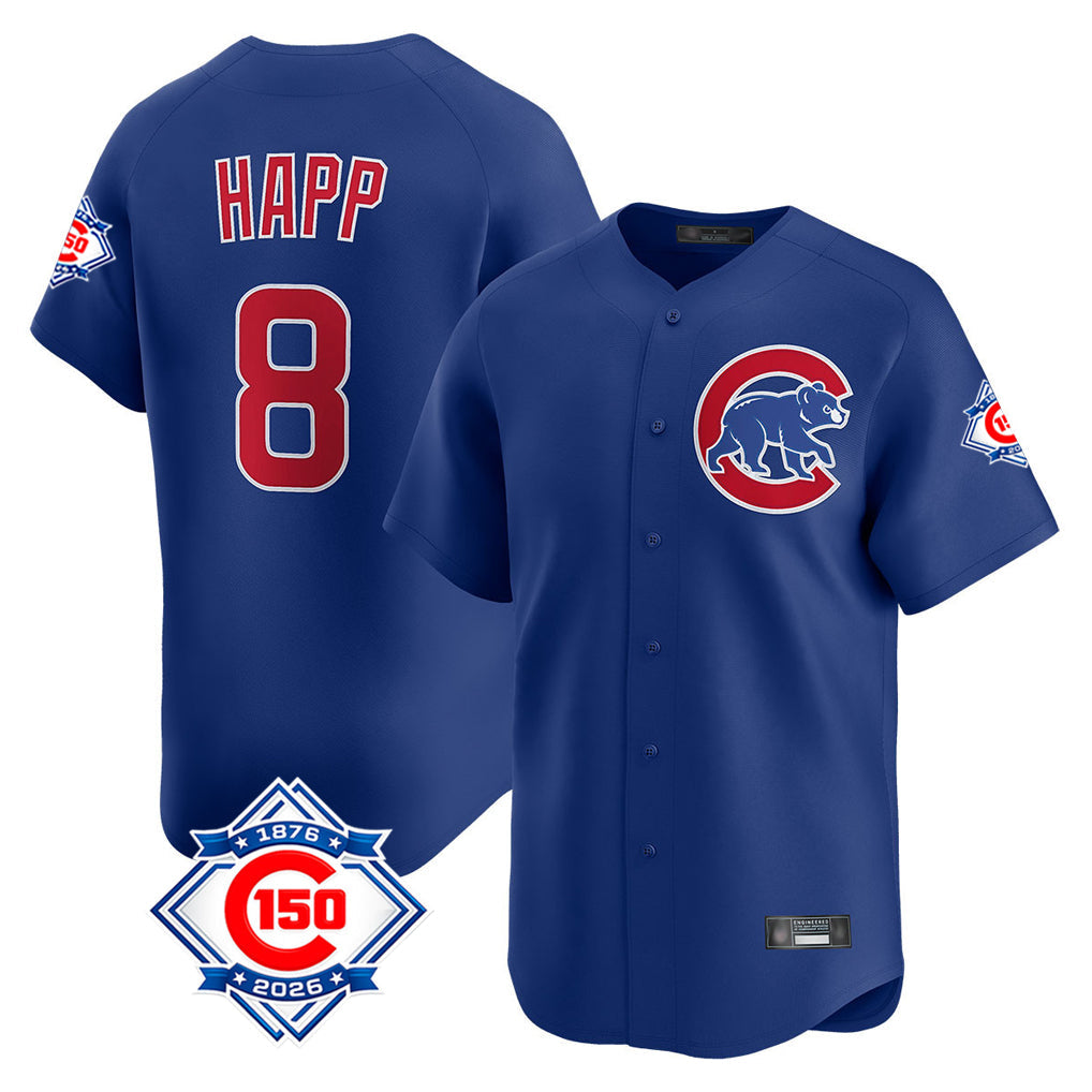 Punc C.Cubs #8 Ian Happ Player Royal 150th Anniversary Limited Home Stitched Jerseys