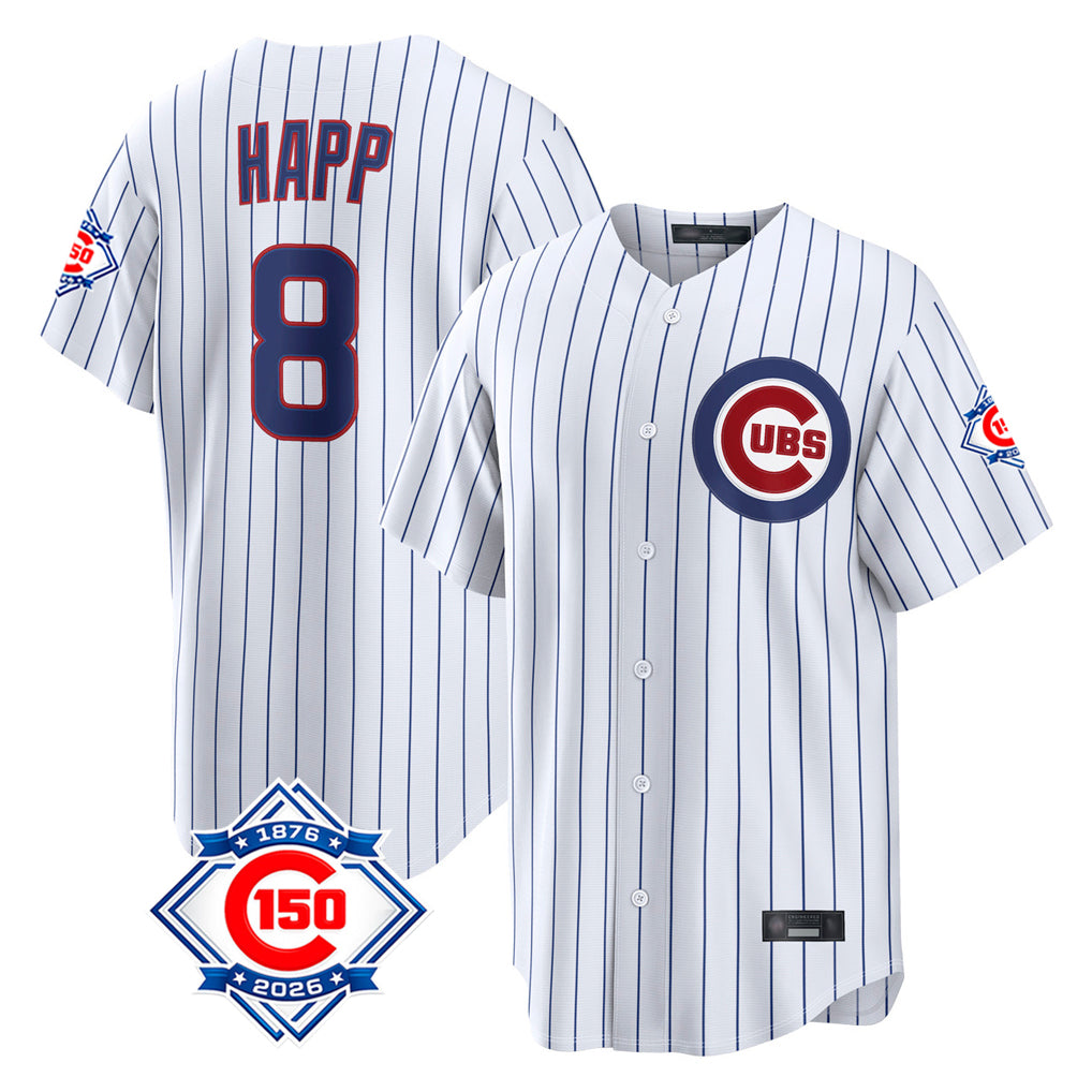 Punc C.Cubs #8 Ian Happ Player White 150th Anniversary Limited Home Game Stitched Jerseys