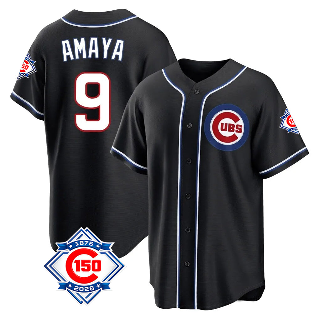 Punc C.Cubs #9 Miguel Amaya Player Black Fashion Out 150th Anniversary Game Stitched Jerseys