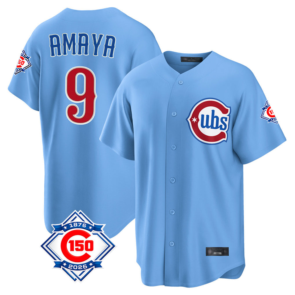 Punc C.Cubs #9 Miguel Amaya Player Light Blue 150th Anniversary Home Game Stitched Jerseys