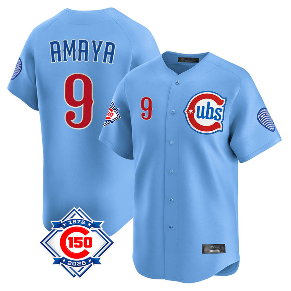 Punc C.Cubs #9 Miguel Amaya Player Light Blue 150th Anniversary Limited Home Stitched Jerseys