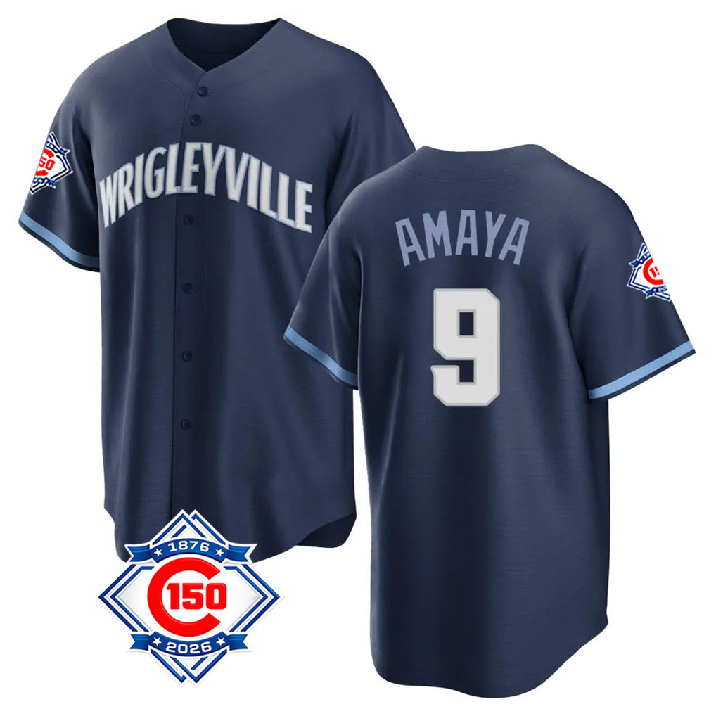 Punc C.Cubs #9 Miguel Amaya Player Navy 150th Anniversary City Connect Home Game Stitched Jerseys