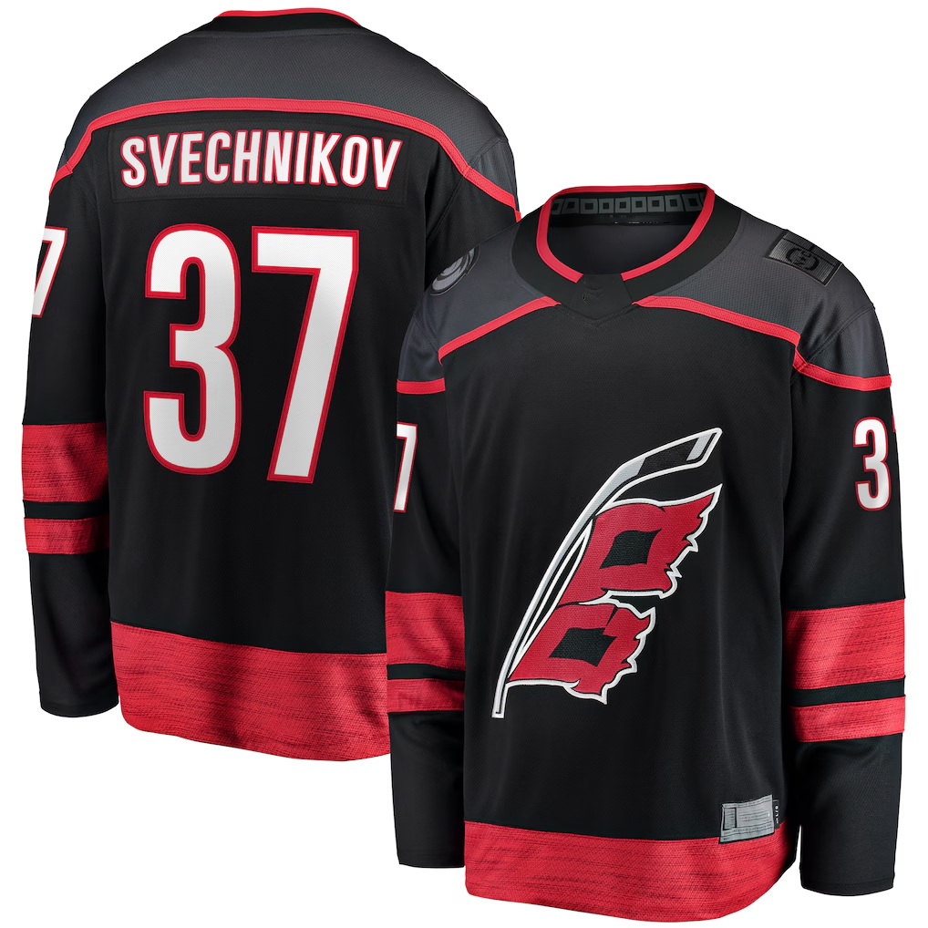 Punc C.Hurricanes #37 Andrei Svechnikov Black Home Breakaway Stitched Jerseys
