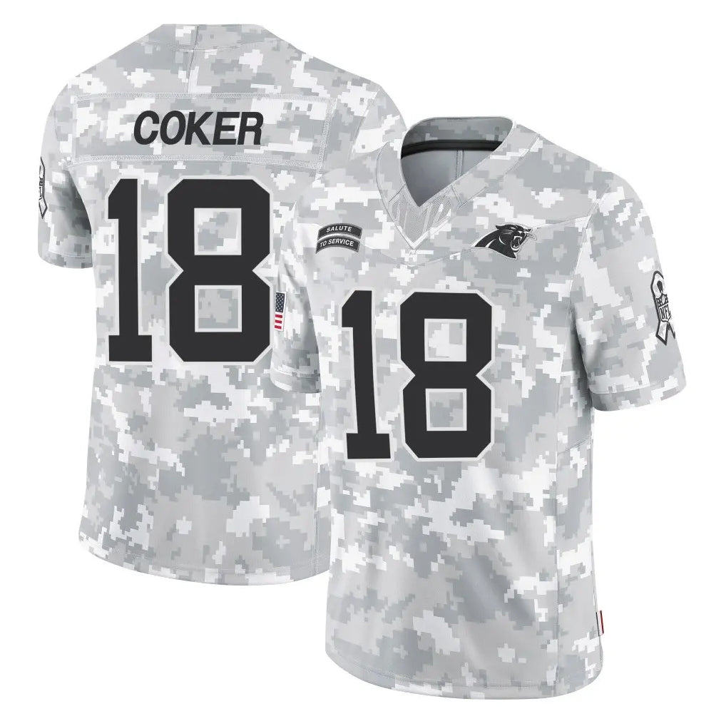 Punc C.Panthers #18 Jalen Coker Player Arctic Camo Salute to Service Limited Game Stitched Jerseys