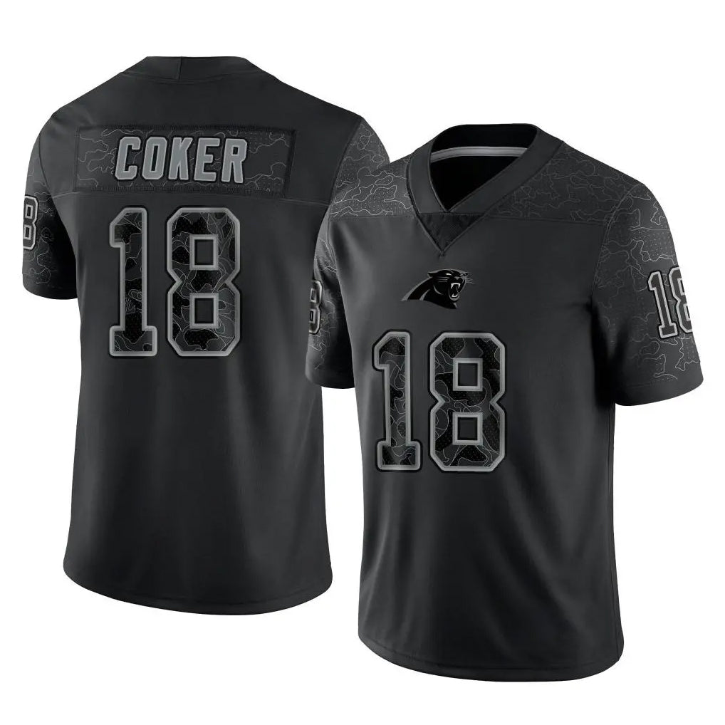 Punc C.Panthers #18 Jalen Coker Player Black Limited Reflective Game Stitched Jerseys