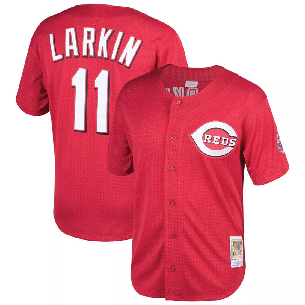 Punc C.Reds #11 Barry Larkin Player Mitchell & Ness Red Throwback Cooperstown Mesh Game Stitched Jerseys