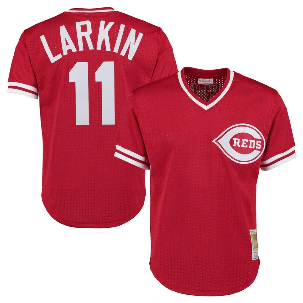 Punc C.Reds #11 Barry Larkin Player Mitchell & Ness Red Throwback Cooperstown Mesh T-shirt Game Stitched Jerseys