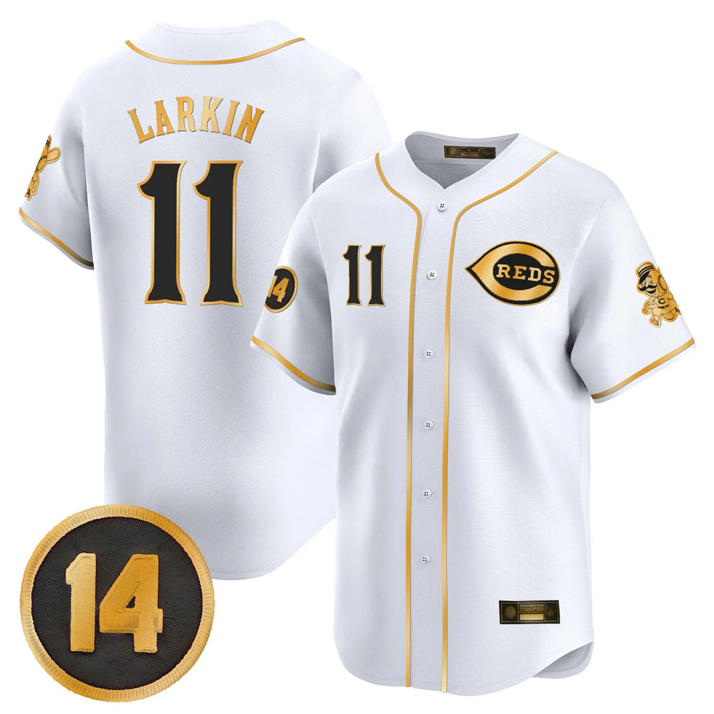 Punc C.Reds #11 Barry Larkin Player White-Gold Vapor Premier Limited Home Stitched Jerseys