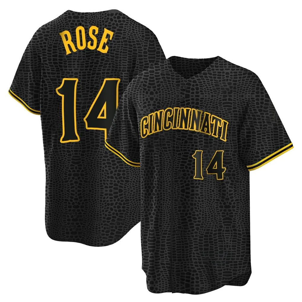 Punc C.Reds #14 Pete Rose Player Black Snake Skin City Home Stitched Jerseys