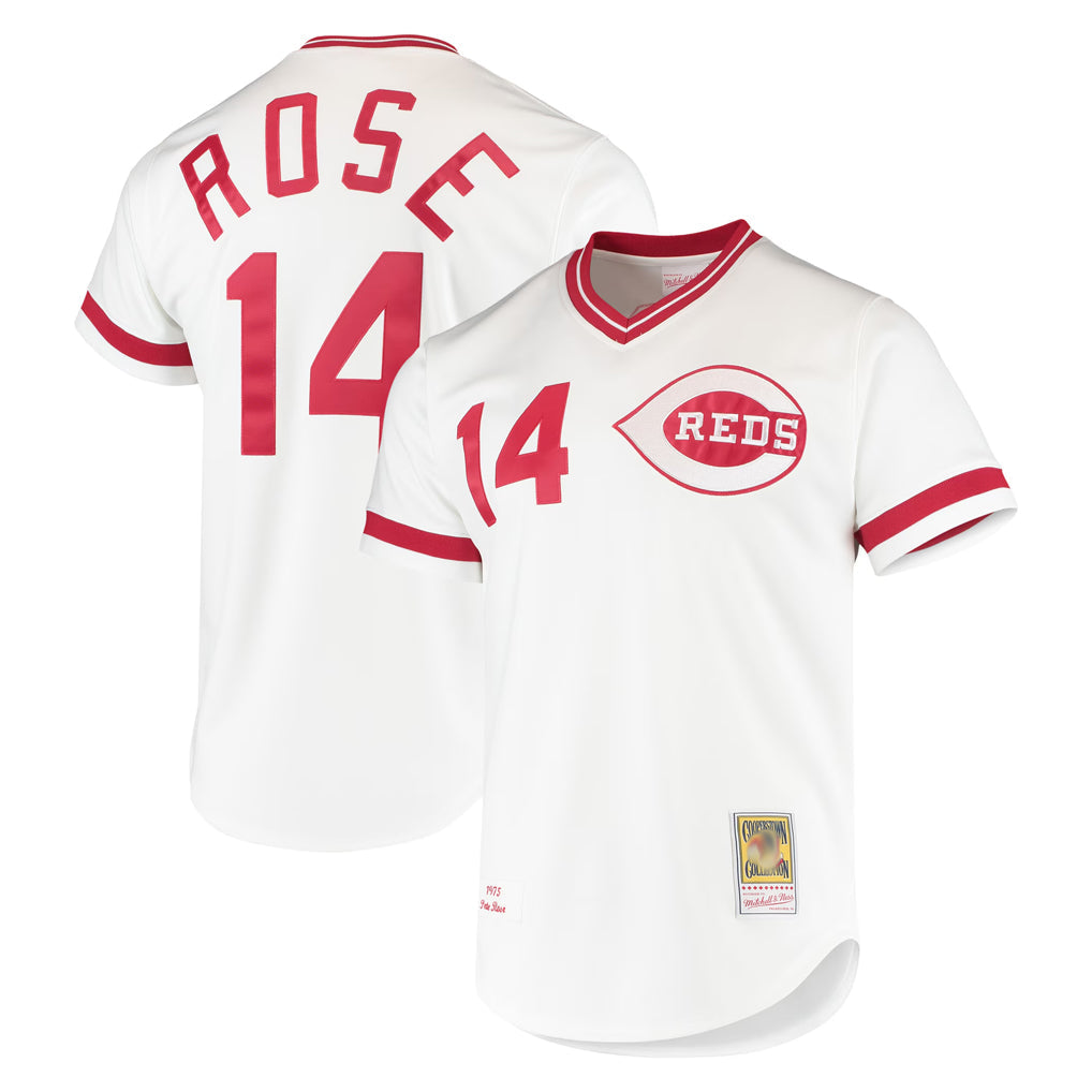 Punc C.Reds #14 Pete Rose Player Mitchell & Ness White Throwback Cooperstown Mesh T-shirt Game Stitched Jerseys