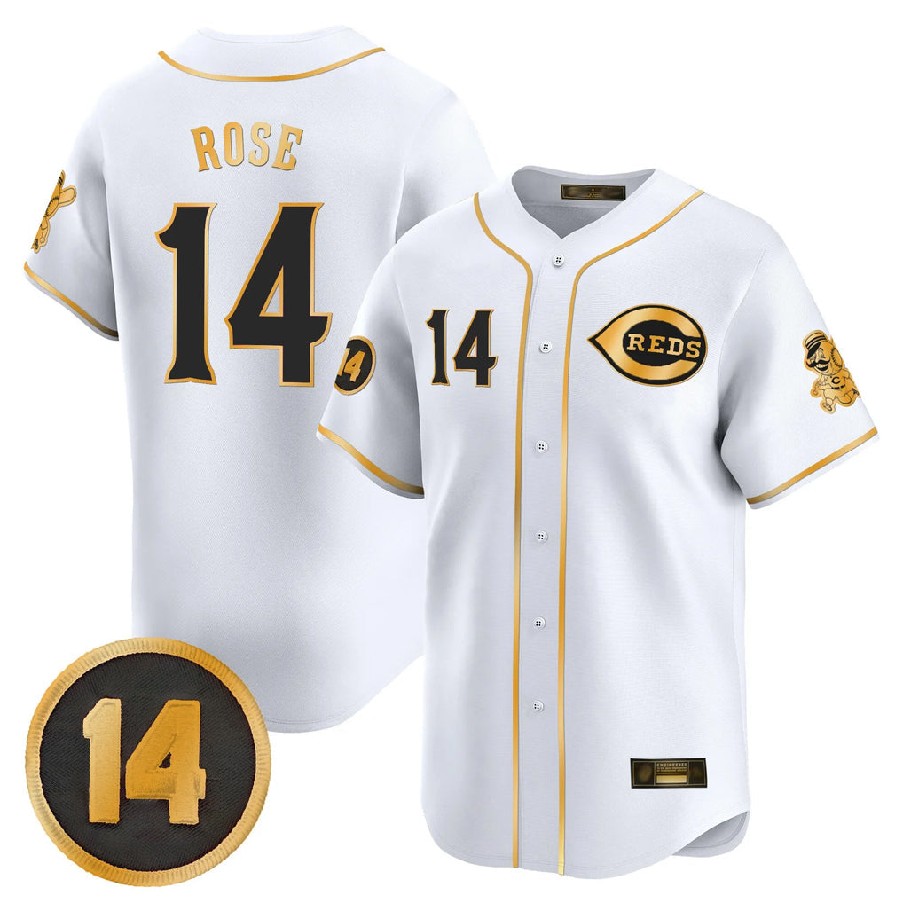 Punc C.Reds #14 Pete Rose Player White-Gold Vapor Premier Limited Home Stitched Jerseys