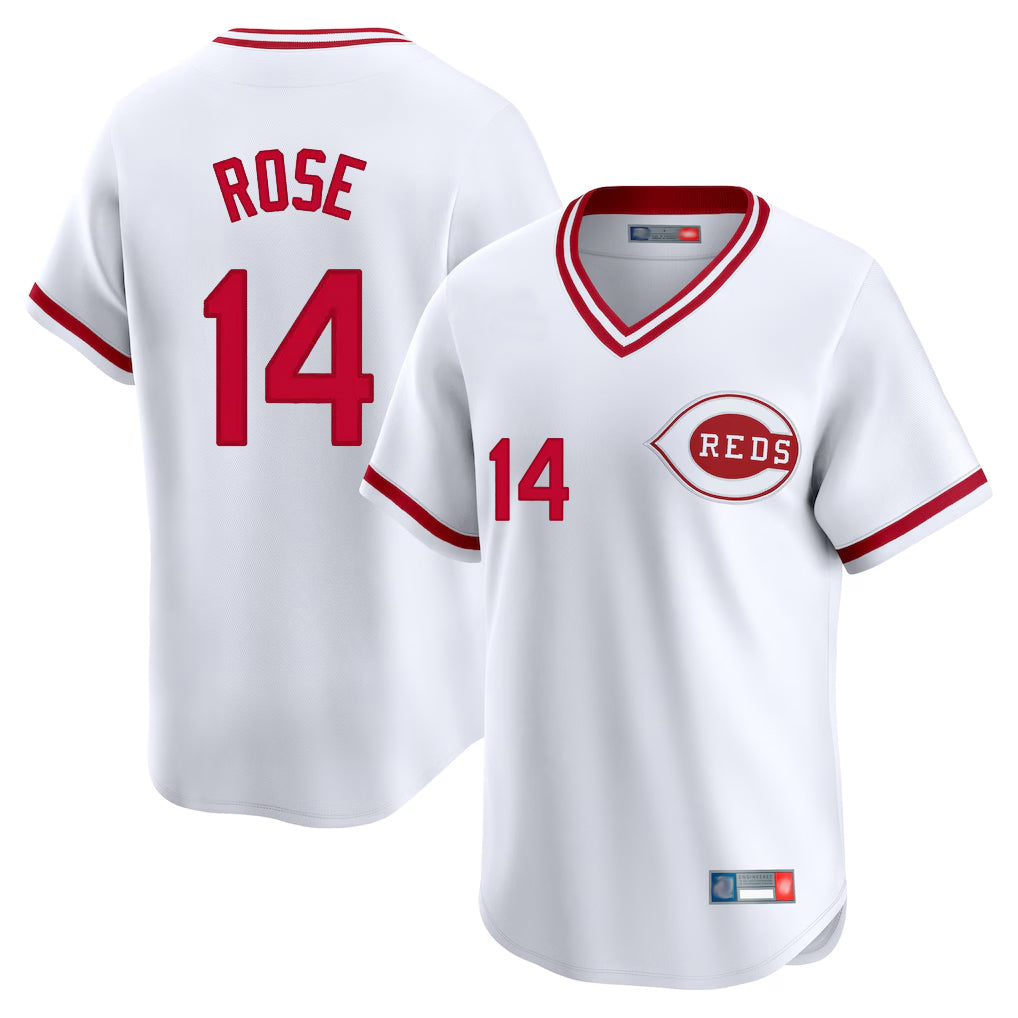 Punc C.Reds #14 Pete Rose Player White Cooperstown Collection Limited T-shirt Home Stitched Jerseys