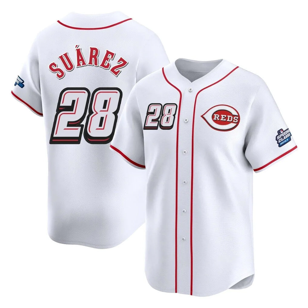 Punc C.Reds #28 Eugenio Su¨¢rez Player White Speedway Classic Home Limited Stitched Jerseys
