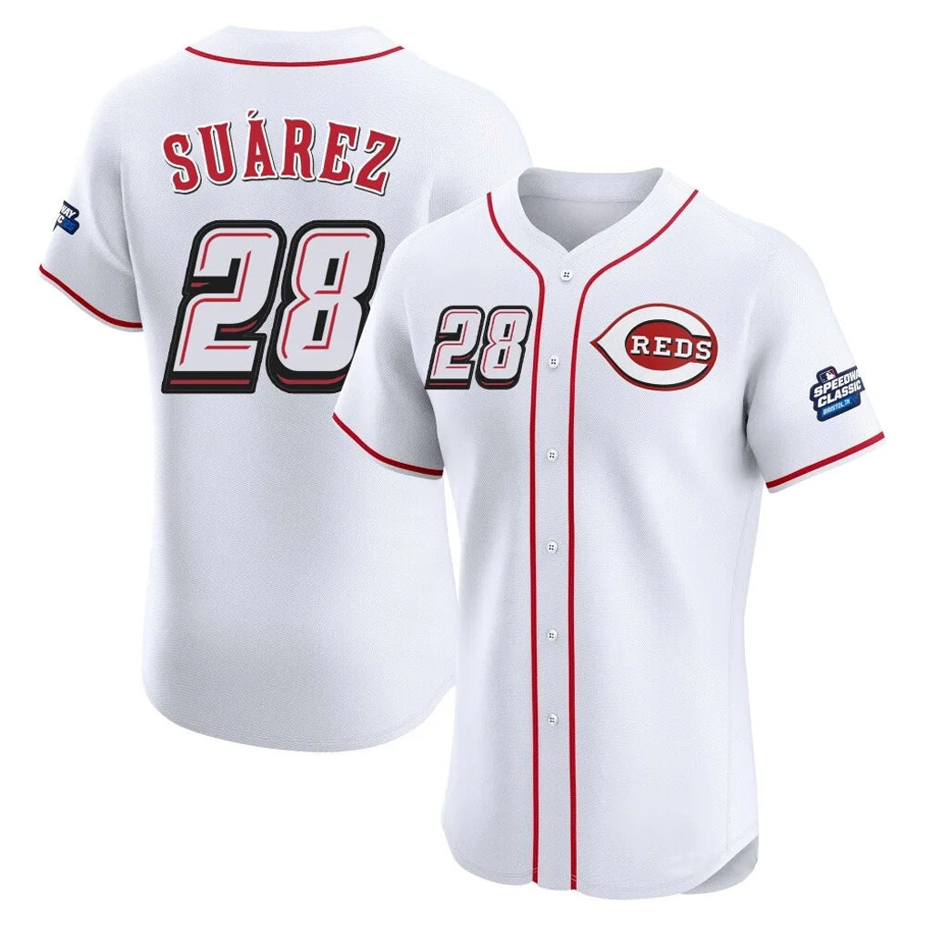 Punc C.Reds #28 Eugenio Su¨¢rez Player White Speedway Classic Limited Elite Home Stitched Jerseys