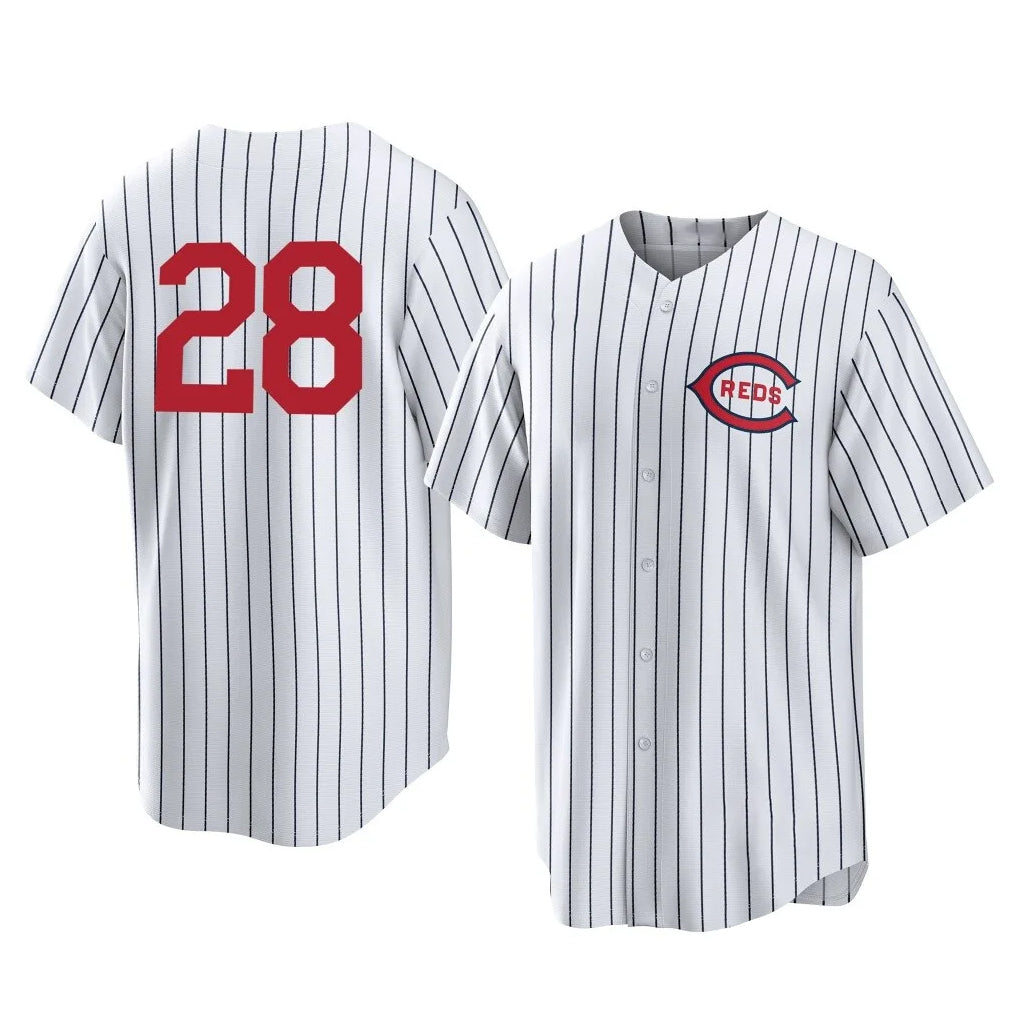 Punc C.Reds #28 Eugenio Su¨¢rez Player White Stripe Field of Dreams Game Home Stitched Jerseys