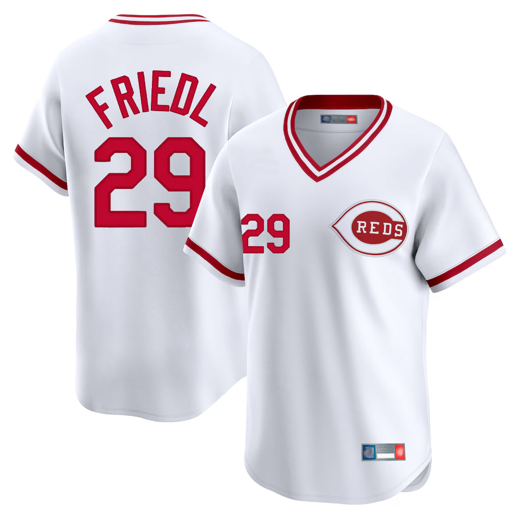 Punc C.Reds #29 TJ Friedl Player White Cooperstown Collection Limited T-shirt Home Stitched Jerseys