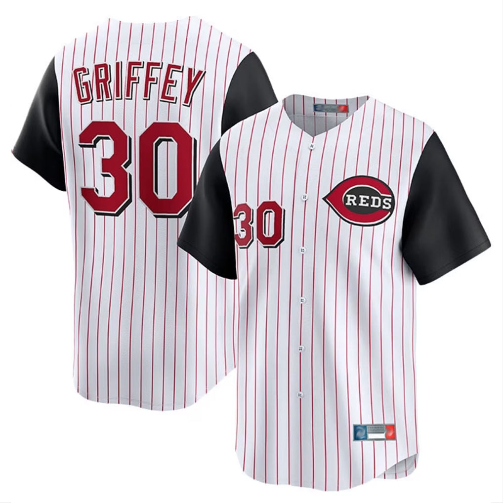 Punc C.Reds #30 Ken Griffey Player White Black Stripe Field of Dreams Game Home Stitched Jerseys