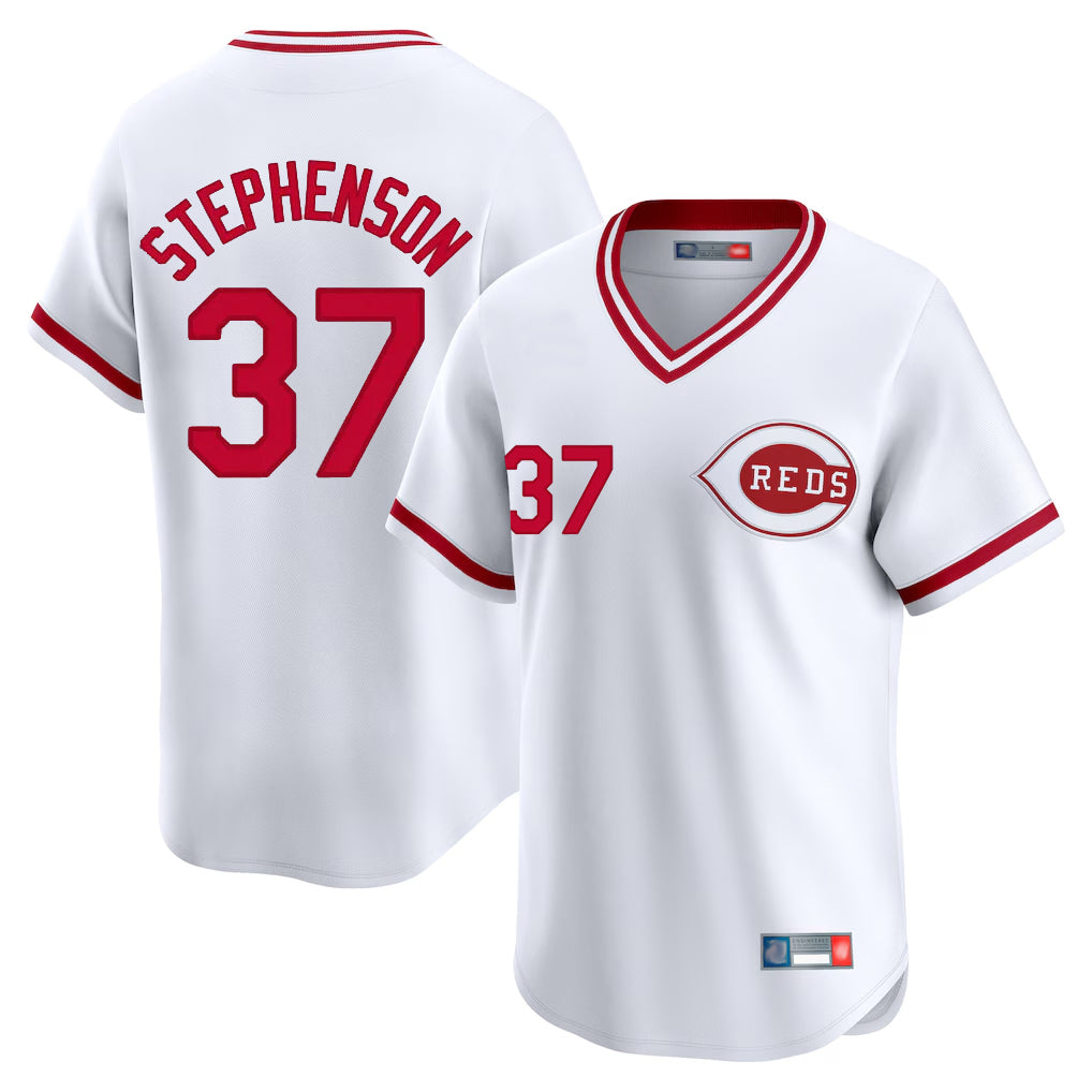 Punc C.Reds #37 Tyler Stephenson Player White Cooperstown Collection Limited T-shirt Home Stitched Jerseys
