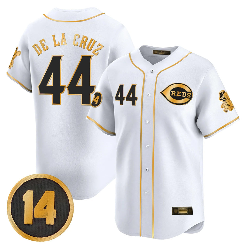 Punc C.Reds #44 Elly De La Cruz Player White-Gold Vapor Premier Limited Home Stitched Jerseys