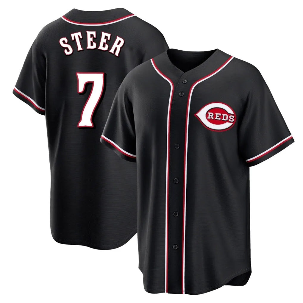 Punc C.Reds #7 Spencer Steer Player Black Fashion Out Home Game Stitched Jerseys