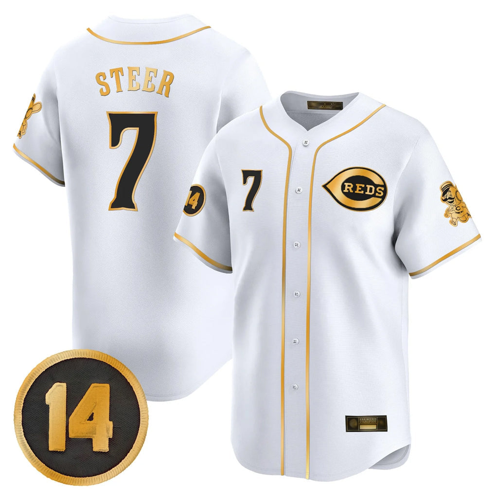 Punc C.Reds #7 Spencer Steer Player White-Gold Vapor Premier Limited Home Stitched Jerseys