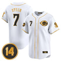 Punc C.Reds #7 Spencer Steer Player White-Gold Vapor Premier Limited Home Stitched Jerseys