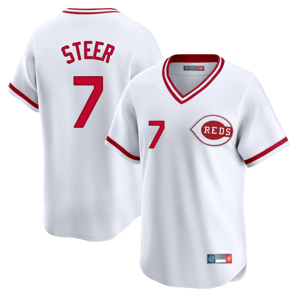 Punc C.Reds #7 Spencer Steer Player White Cooperstown Collection Limited T-shirt Home Stitched Jerseys