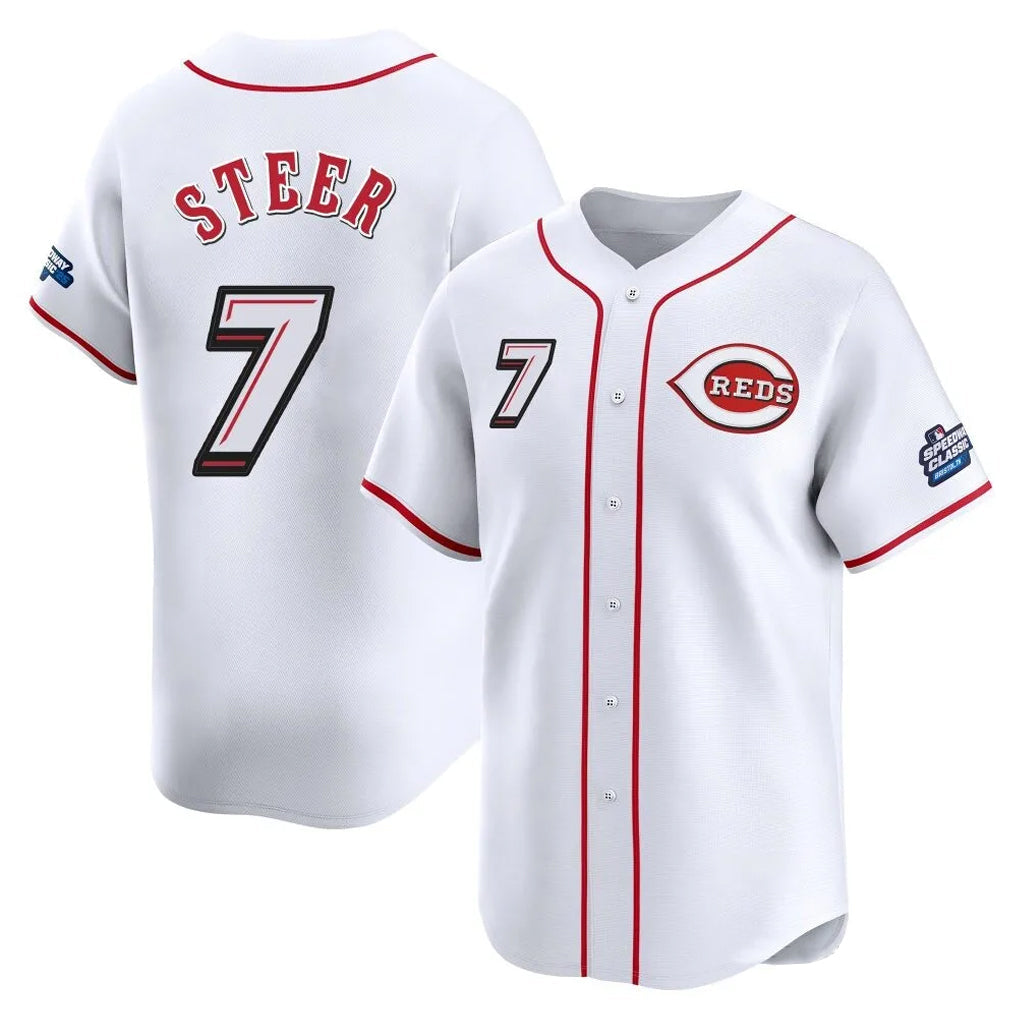Punc C.Reds #7 Spencer Steer Player White Speedway Classic Home Limited Stitched Jerseys