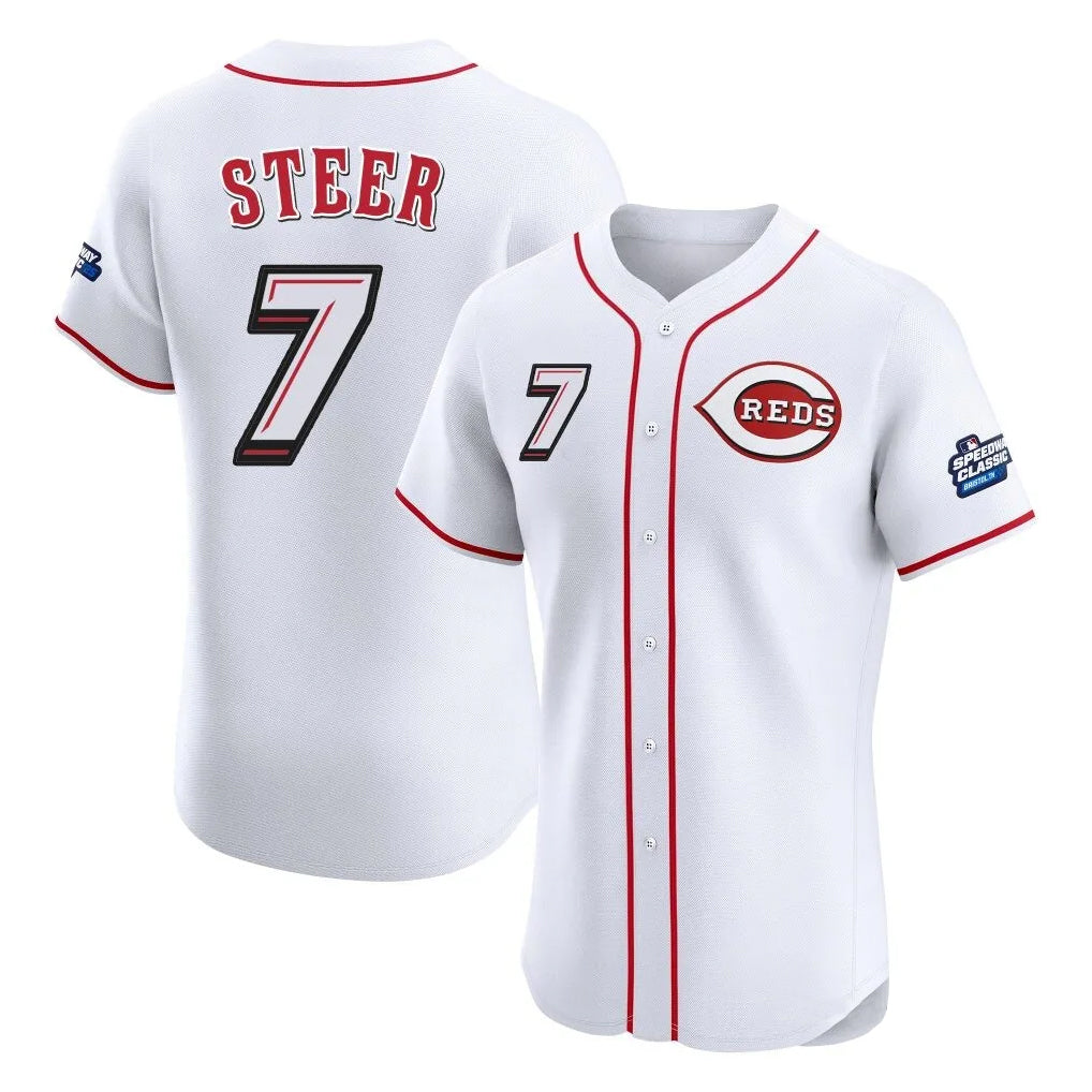 Punc C.Reds #7 Spencer Steer Player White Speedway Classic Limited Elite Home Stitched Jerseys