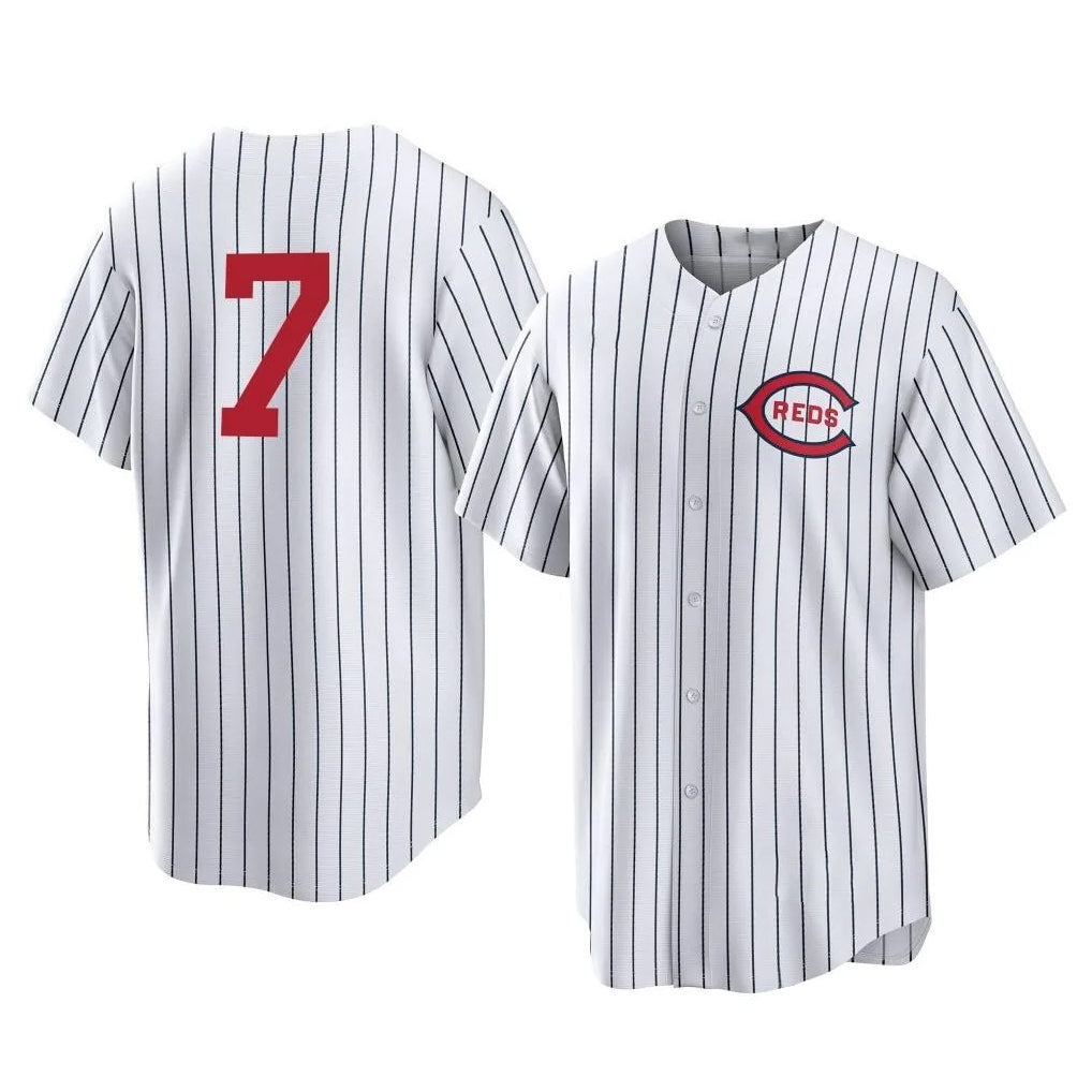 Punc C.Reds #7 Spencer Steer Player White Stripe Field of Dreams Game Home Stitched Jerseys
