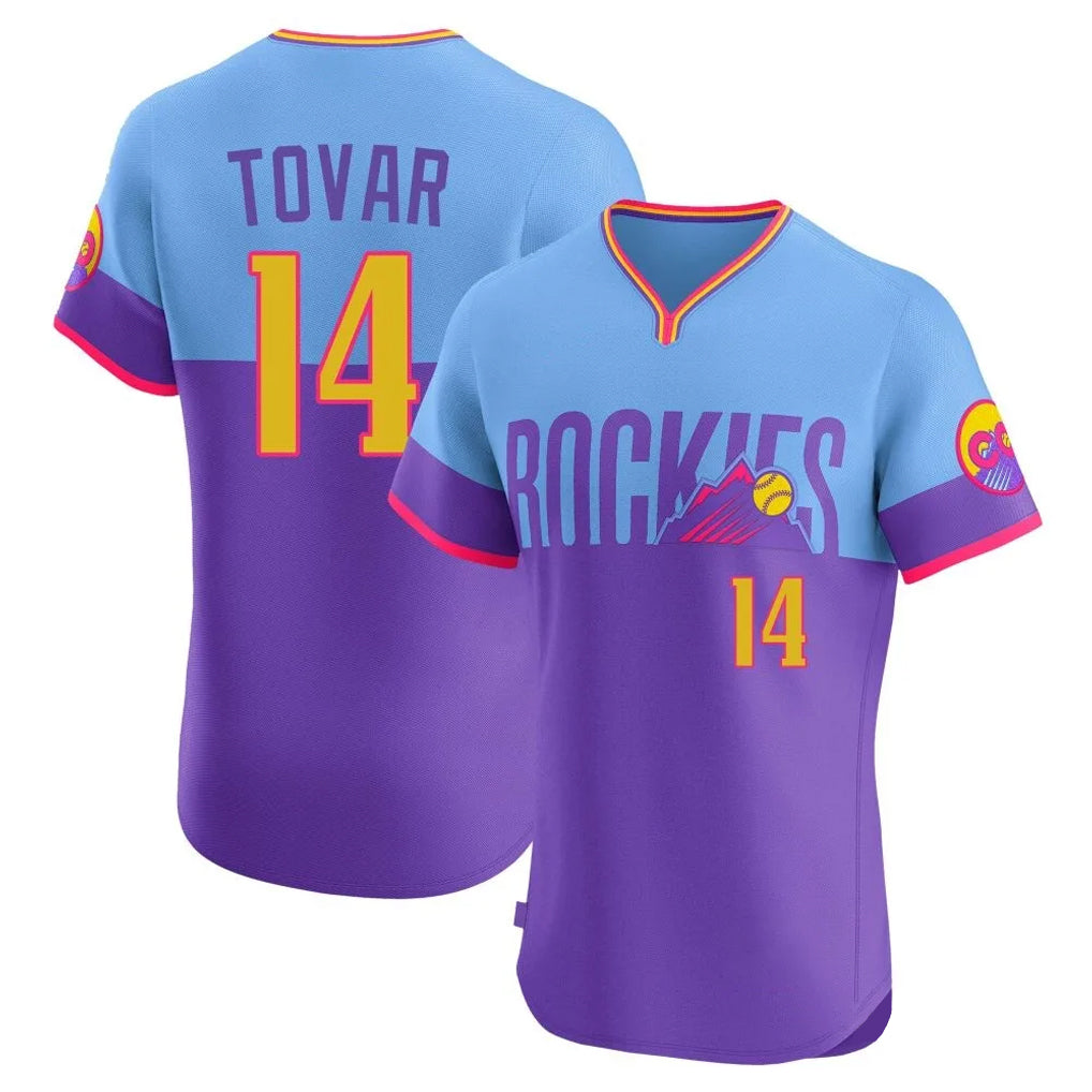 Punc C.Rockies #14 Ezequiel Tovar Player Purple-Light Blue City Connect Limited Elite Home T-shirt Stitched Jerseys