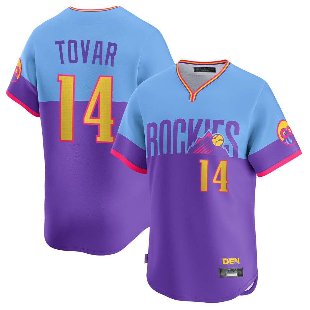Punc C.Rockies #14 Ezequiel Tovar Player Purple-Light Blue City Connect Limited Home T-shirt Stitched Jerseys