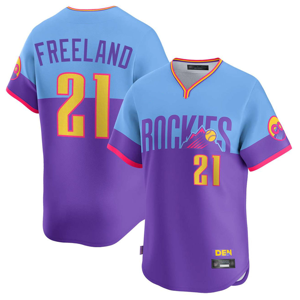 Punc C.Rockies #21 Kyle Freeland Player Purple-Light Blue City Connect Limited Home T-shirt Stitched Jerseys