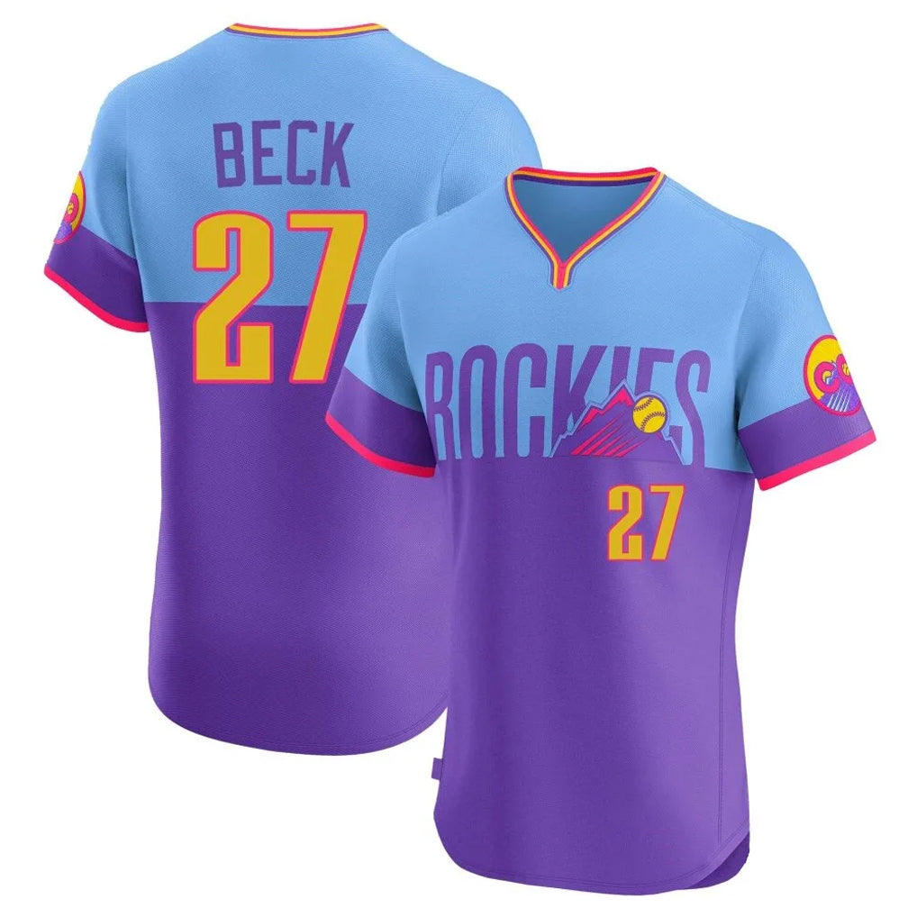 Punc C.Rockies #27 Jordan Beck Player Purple-Light Blue City Connect Limited Elite Home T-shirt Stitched Jerseys