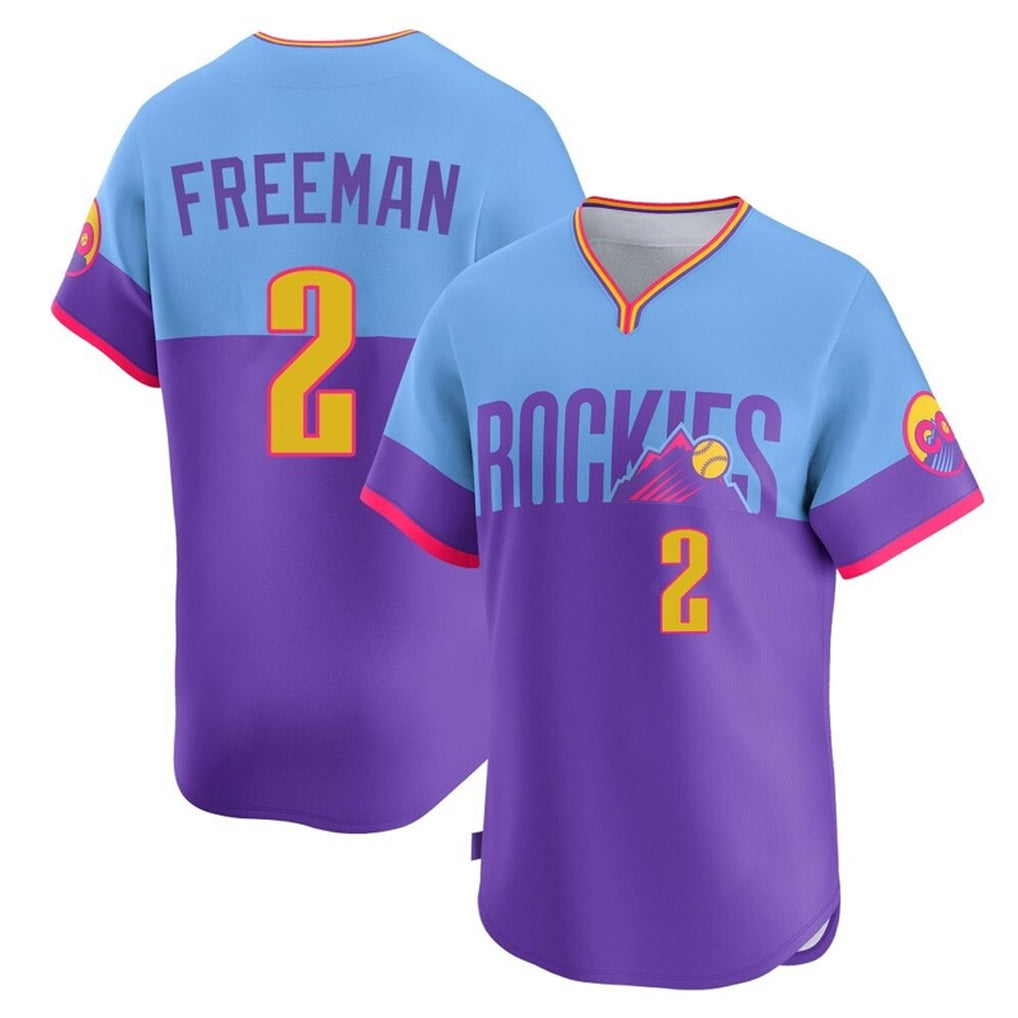 Punc C.Rockies #2 Tyler Freeman Player Purple-Light Blue City Connect Limited Home T-shirt Stitched Jerseys