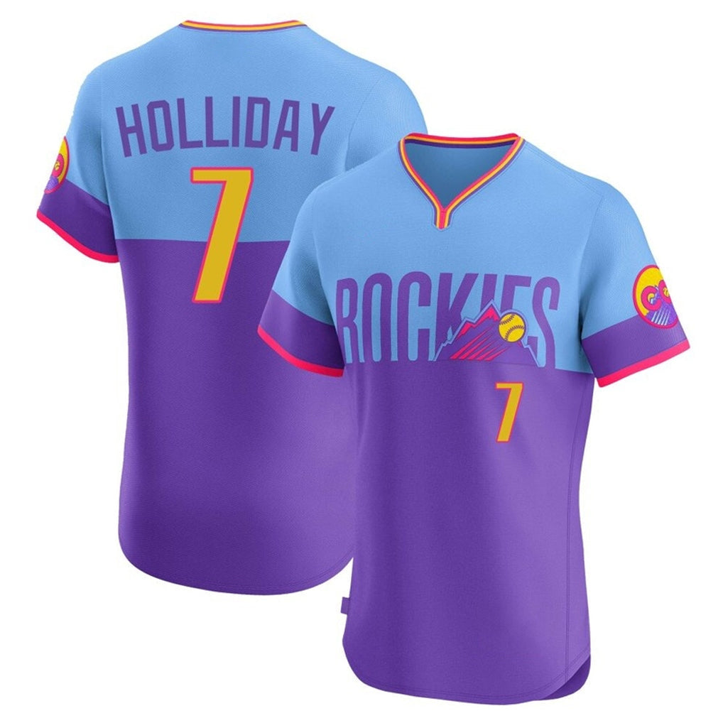 Punc C.Rockies #7 Matt Holliday Player Purple-Light Blue City Connect Limited Elite Home T-shirt Stitched Jerseys