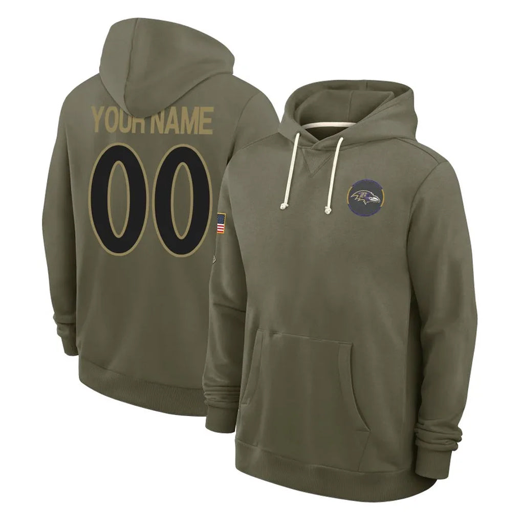 Punc Custom B.Ravens Olive Salute to Service Hoodie Any Name & Numbers Stitched Jerseys