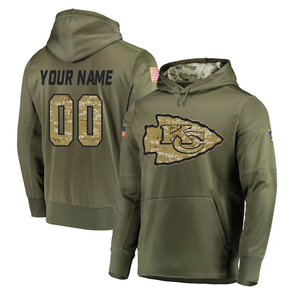 Punc Custom KC.Chiefs Olive Salute to Service Pullover Hoodies Home Game Any Name & Numbers Stitched Jerseys