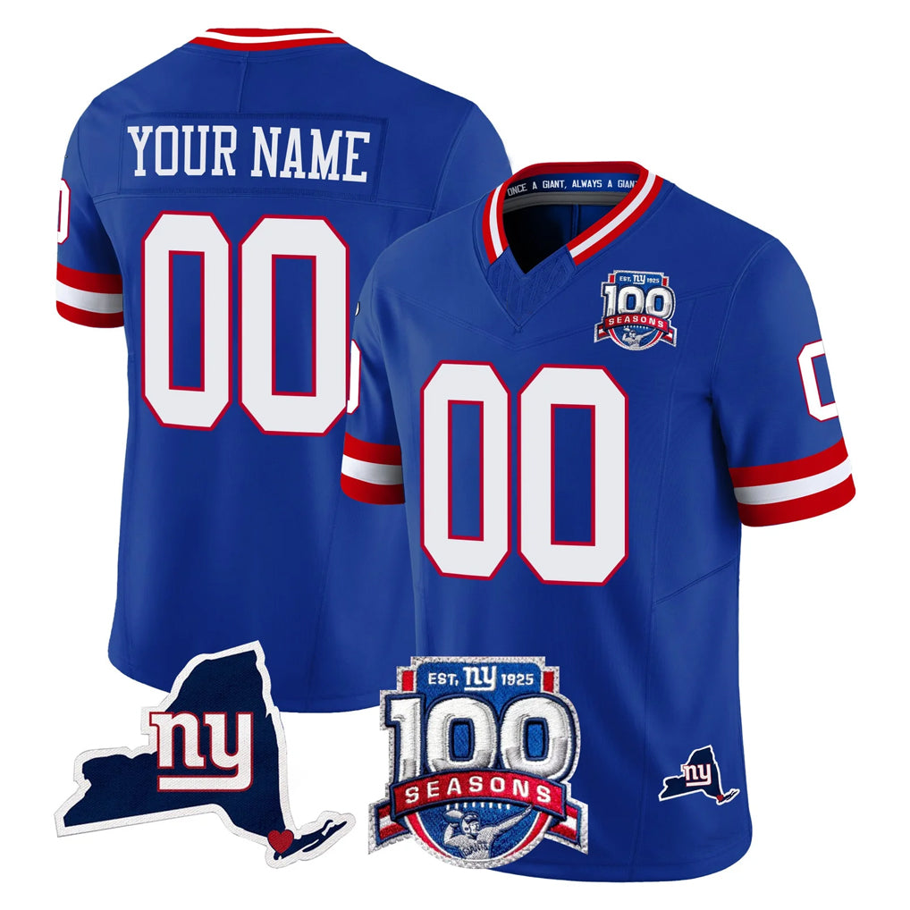 Punc Custom NY.Giants Royal 100th Season & State Patch Vapor Limited Home Game Any Name & Numbers Stitched Jerseys