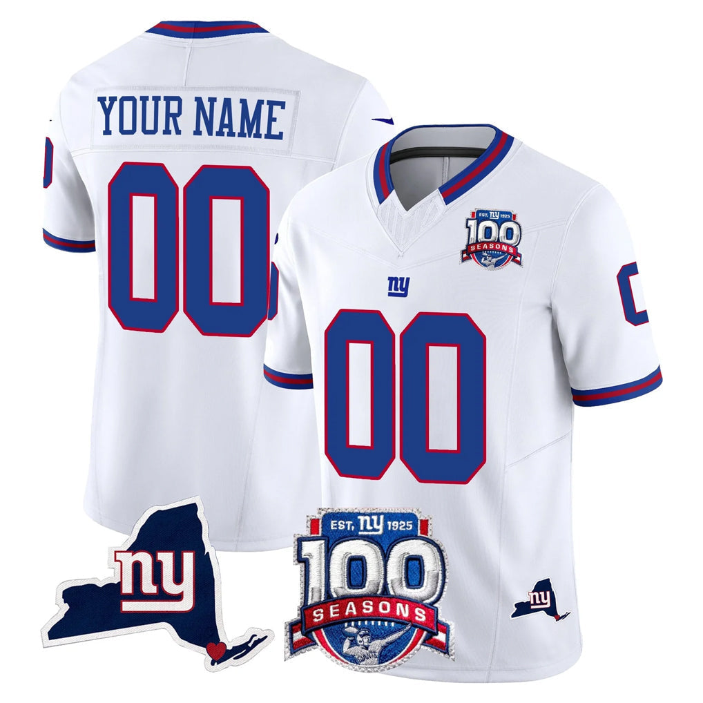 Punc Custom NY.Giants White 100th Season & State Patch Vapor Limited Home Game Any Name & Numbers Stitched Jerseys