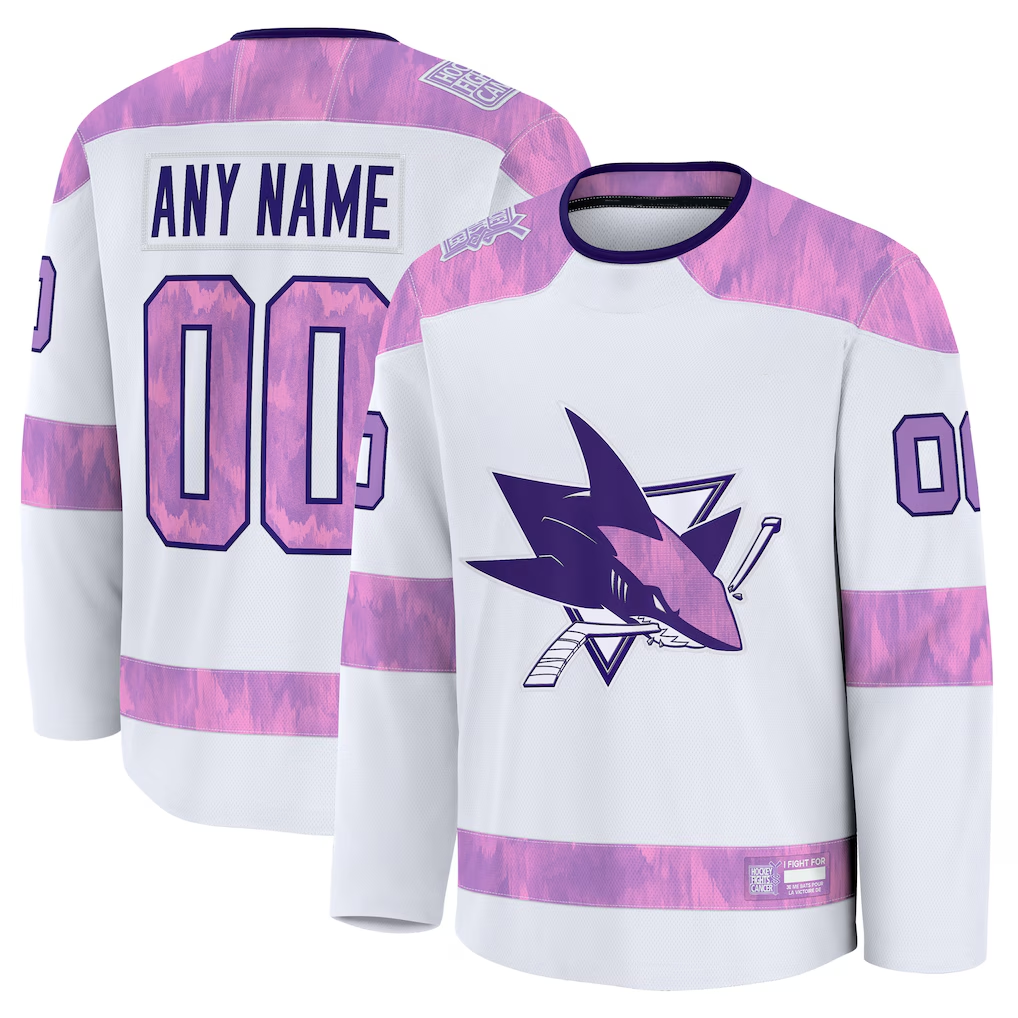 Punc Custom S.Jose Sharks White 2024 Hockey Fights Cancer Practice Jerseys