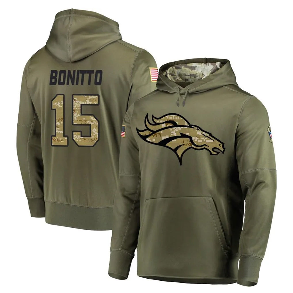 Punc D.Broncos #15 Nik Bonitto Player Olive Salute to Service Pullover Hoodies Home Game Stitched Jerseys