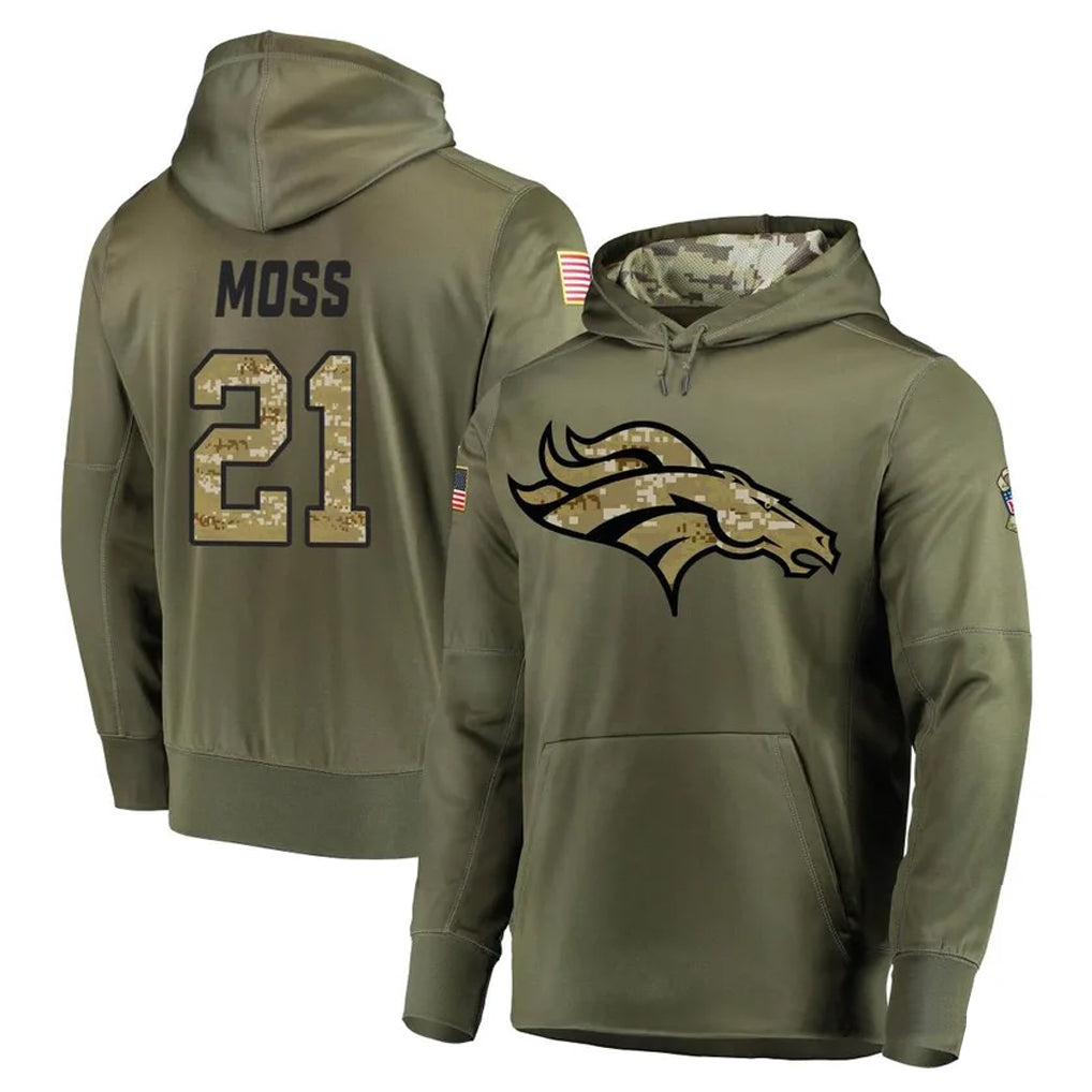Punc D.Broncos #21 Riley Moss Player Olive Salute to Service Pullover Hoodies Home Game Stitched Jerseys