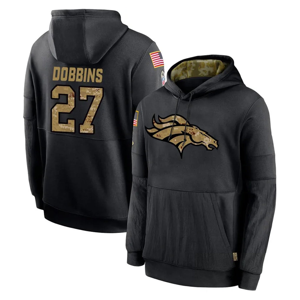 Punc D.Broncos #27 J.K. Dobbins Player Black Salute to Service Pullover Hoodies Limited Stitched Jerseys