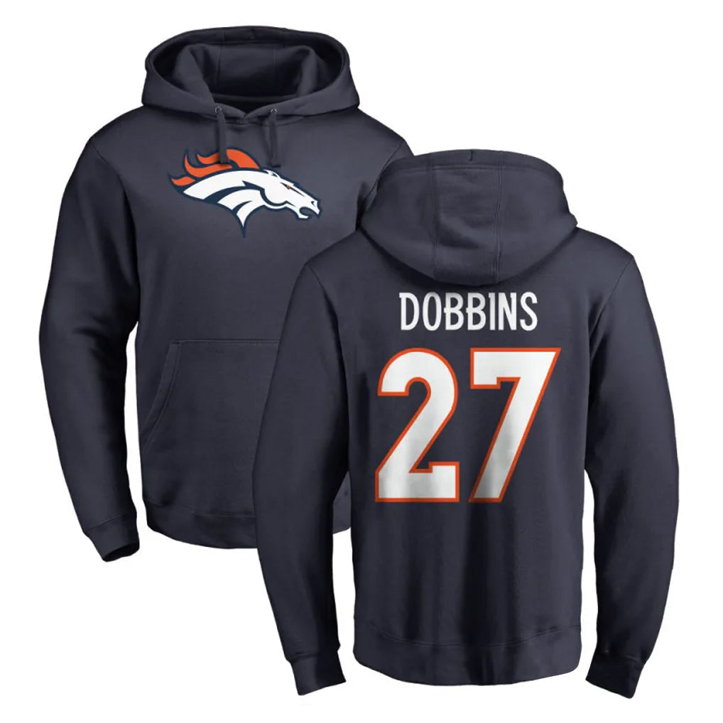 Punc D.Broncos #27 J.K. Dobbins Player Navy Pullover Hoodie Limited Stitched Jerseys