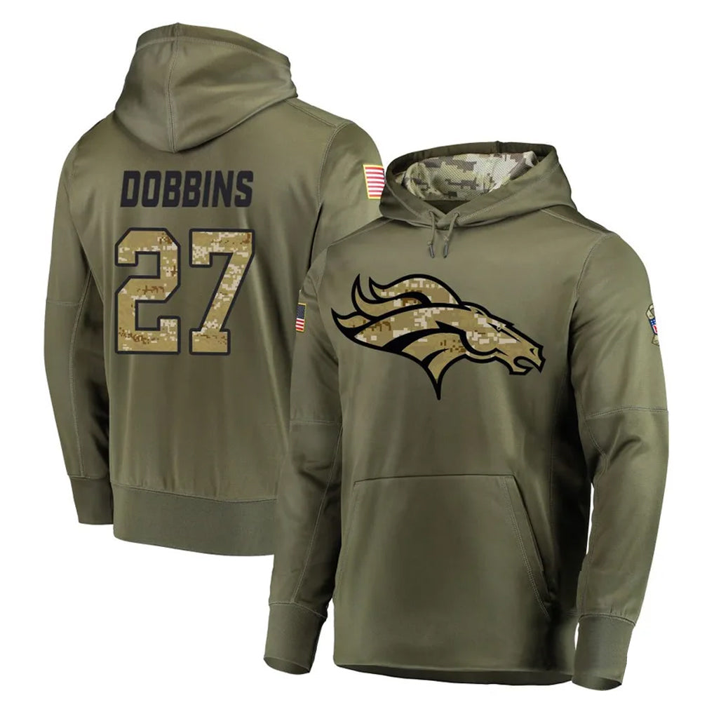 Punc D.Broncos #27 J.K. Dobbins Player Olive Salute to Service Pullover Hoodies Home Game Stitched Jerseys